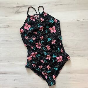 Billabong Black and Pink Polka Dot One Piece Swimsuit Floral